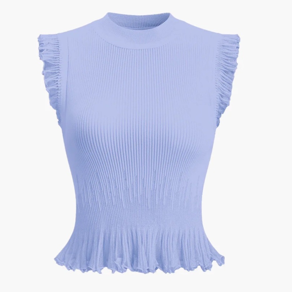 Commense Light Blue Ribbed Ruffle-Trim Tank
